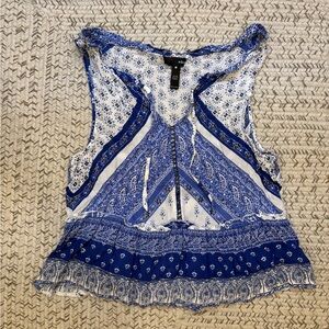 Aqua Blue and White Asymmetrical Cut Out Tank Top